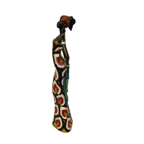 Handcrafted African Woman Figurine Wearing Traditional Print Dress 15" x 3 1/8" - Picture 6 of 7